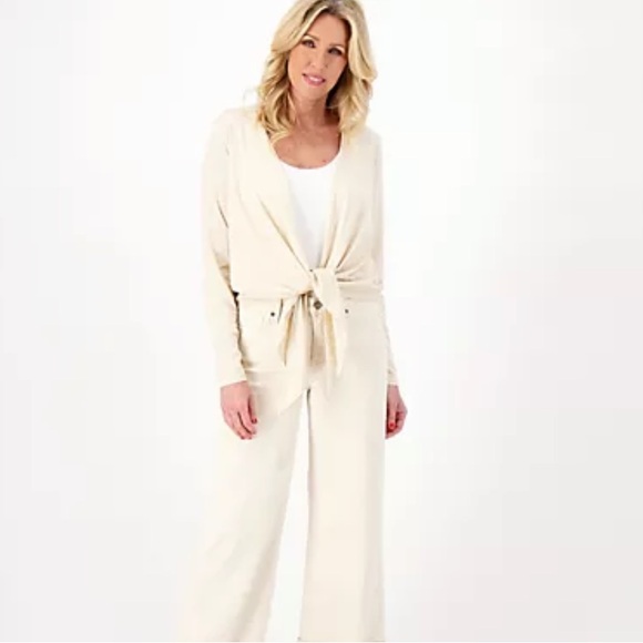 Belle Kim Gravel Women’s Slub Knit Tie Front Shrug Top Cream Plus Size 1X - Picture 2 of 12